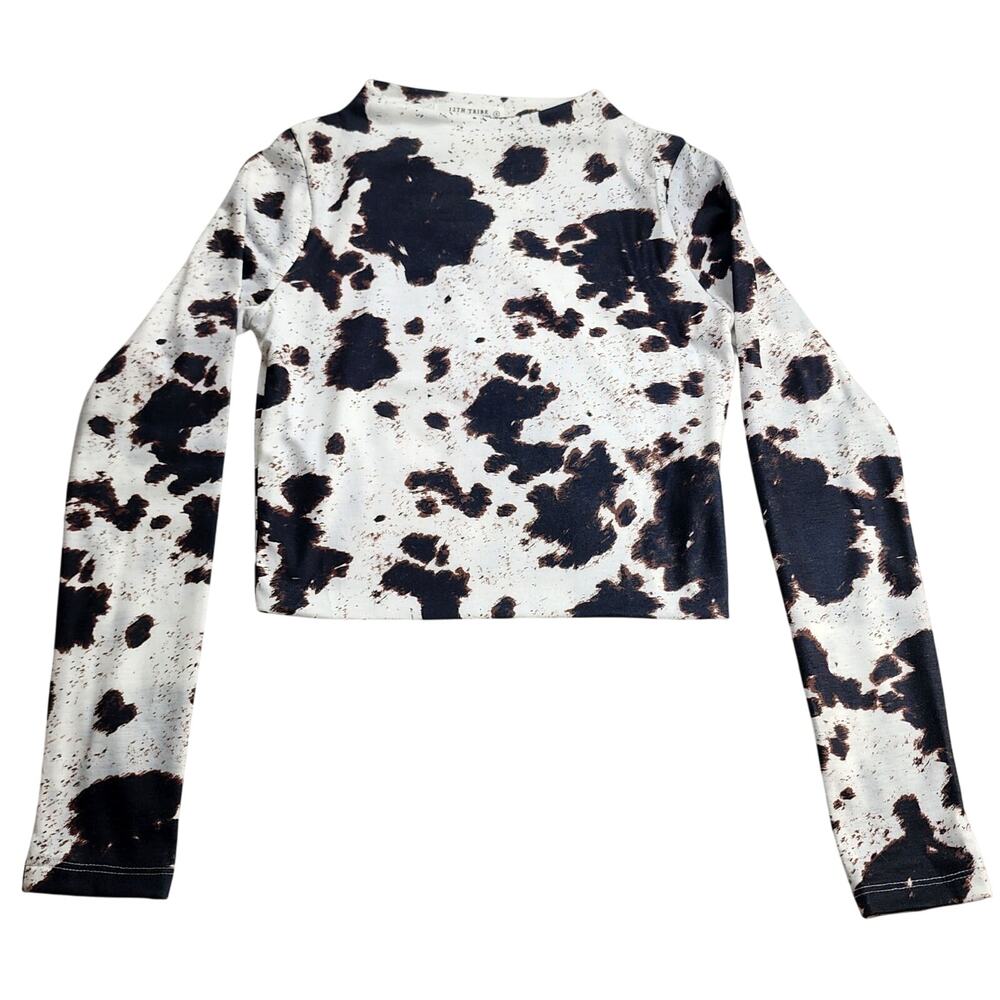 12th Tribe Cow Print Long Sleeve Crop Top Small White and Brown